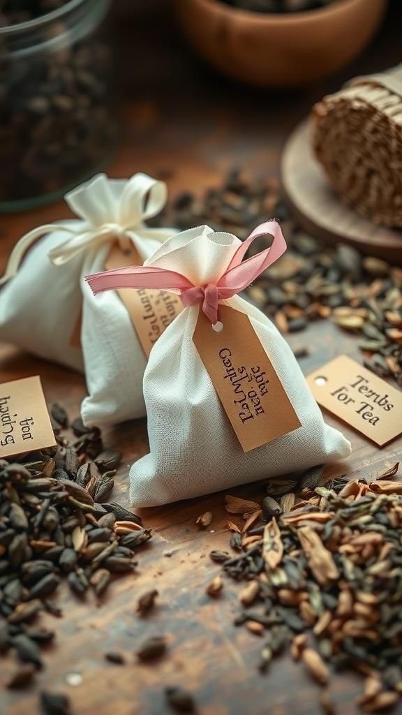 Custom tea blend sachets tied with ribbon