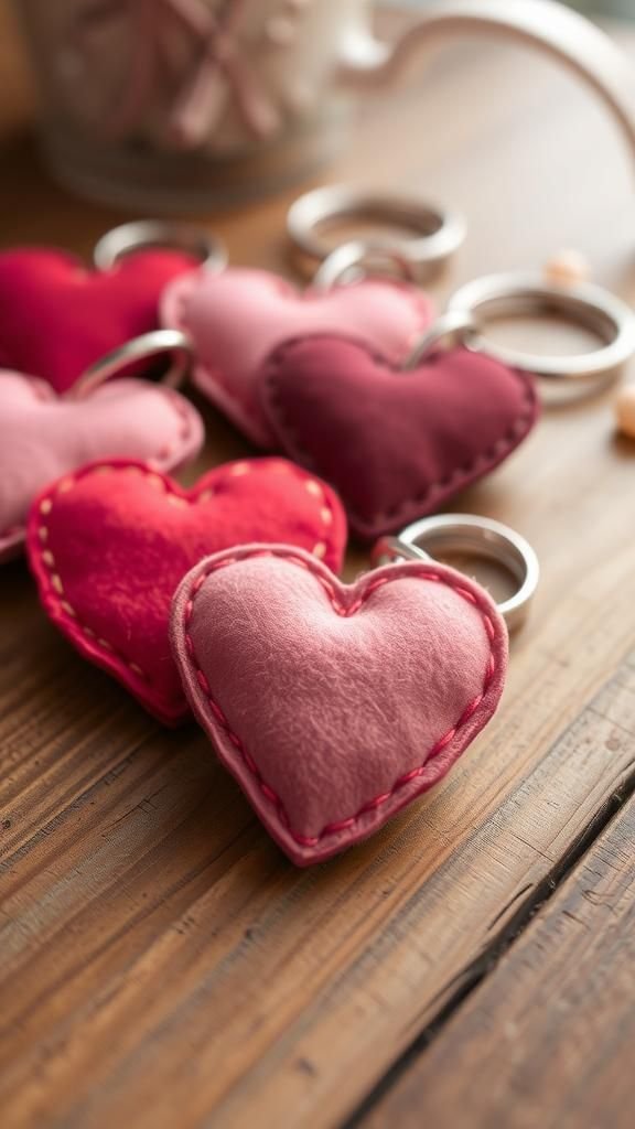 Mini felt heart keychains with stitched edges