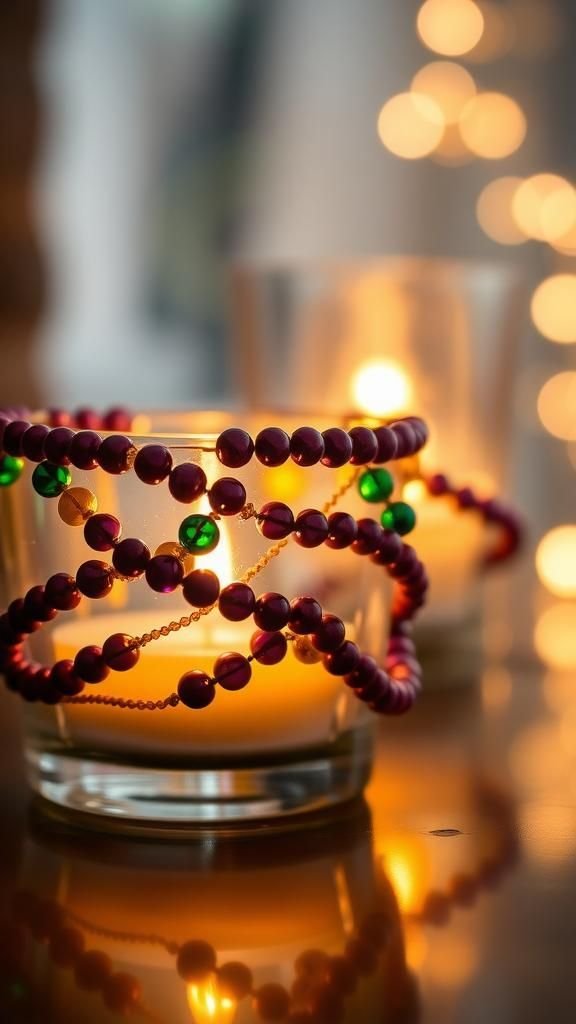 Bead-wrapped candle holders with carnival glow