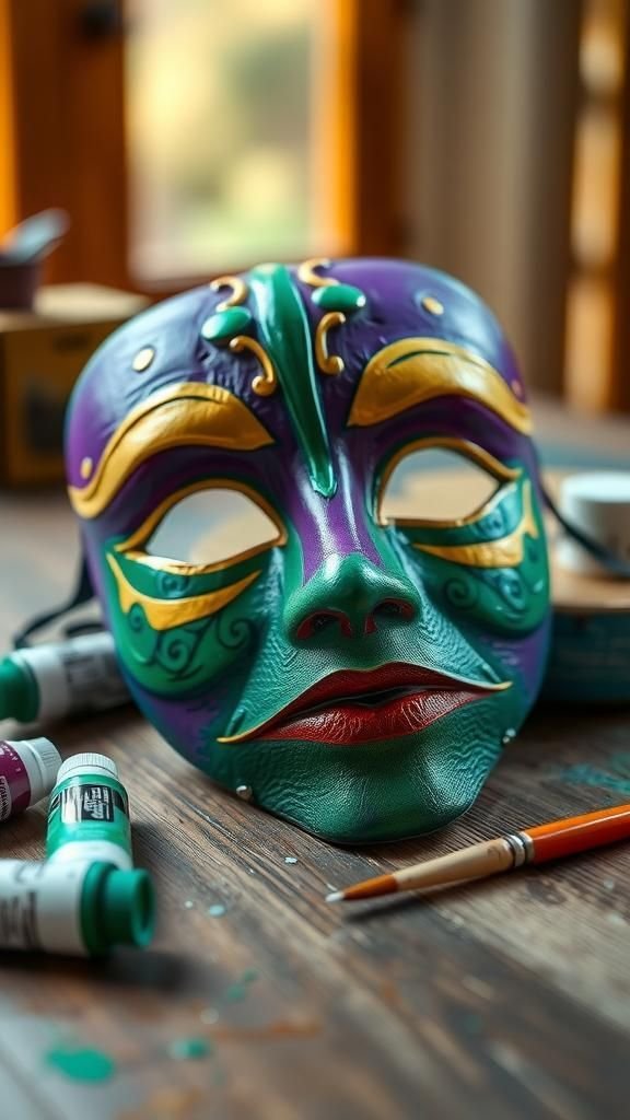 Paper-mache mask with hand-painted motifs