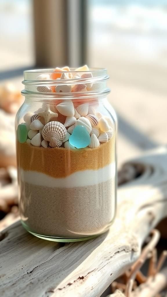 Beach memory jar with sand and tiny shells