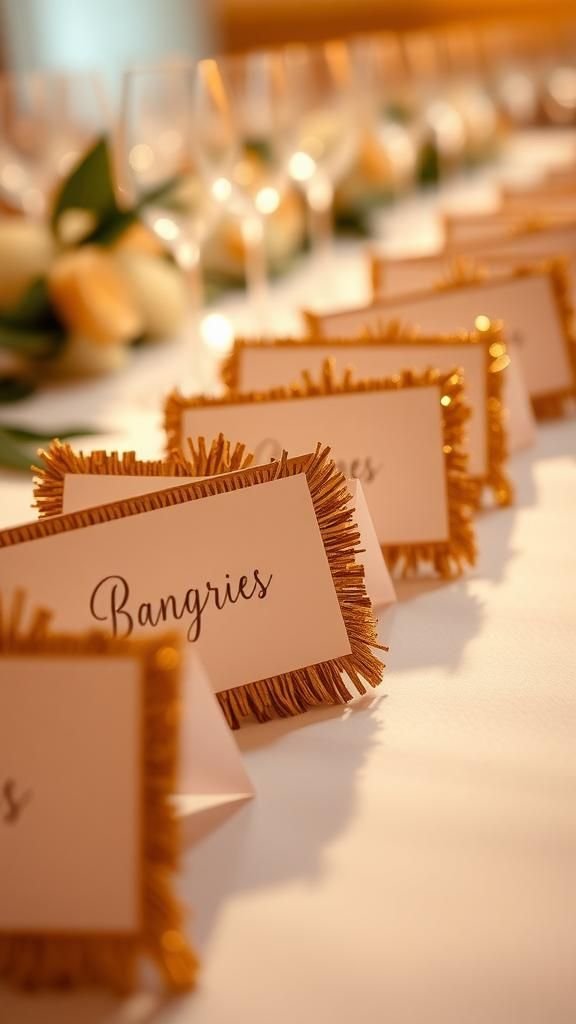 Delicate metallic fringe place cards for each guest