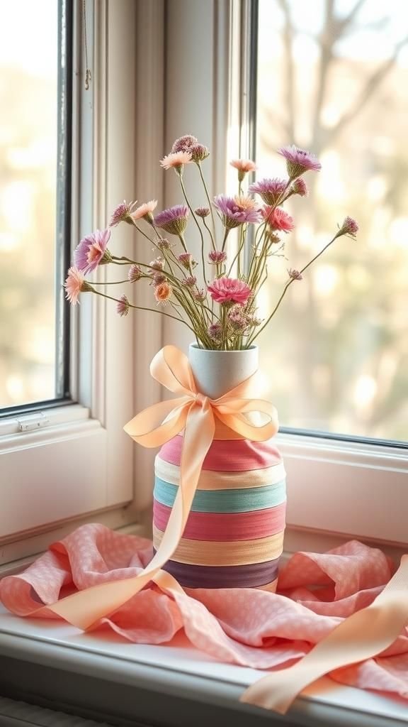 Ribbon-wrapped vase with a cottage feel