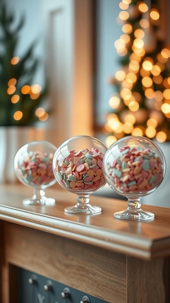 Confetti-filled glass orbs for mantel sparkle