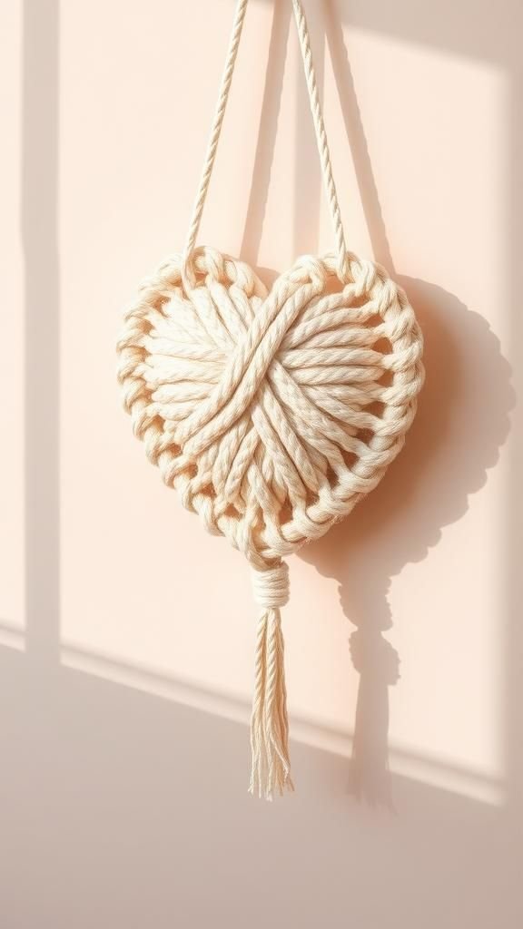 Macramé heart wall hanging in soft cotton tones