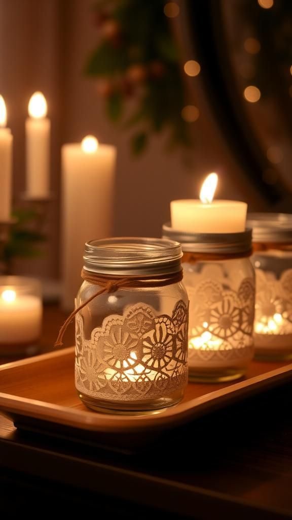 Mason jar candle holders wrapped in lace