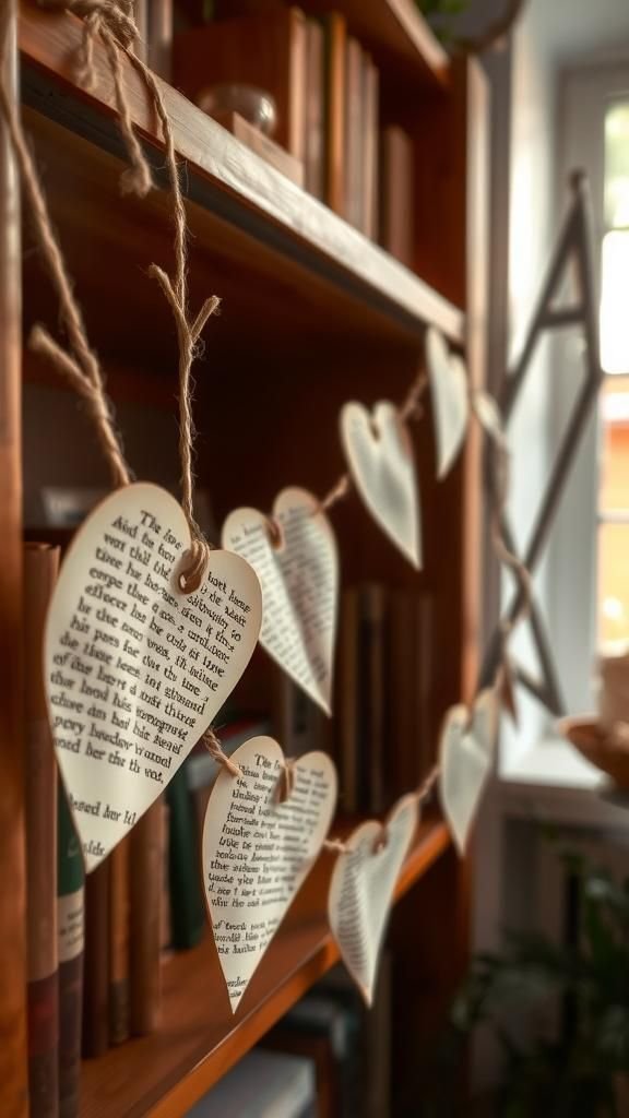 Paper heart garland with vintage book pages