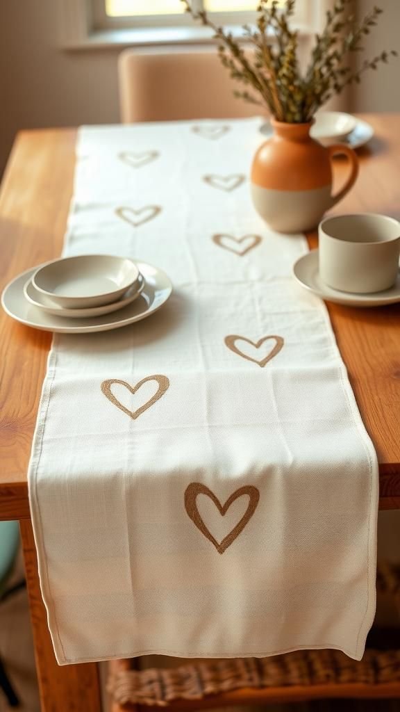Table runner with stenciled romantic motifs