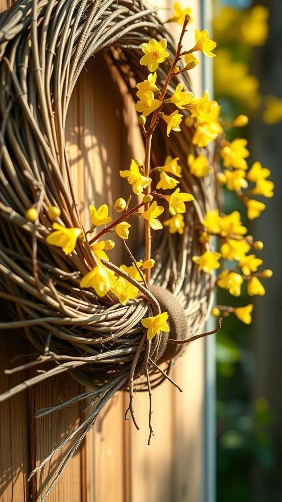 Grapevine wreath with early forsythia blooms