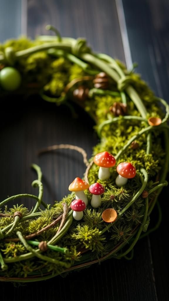 Moss and tiny mushroom wreath with forest mood