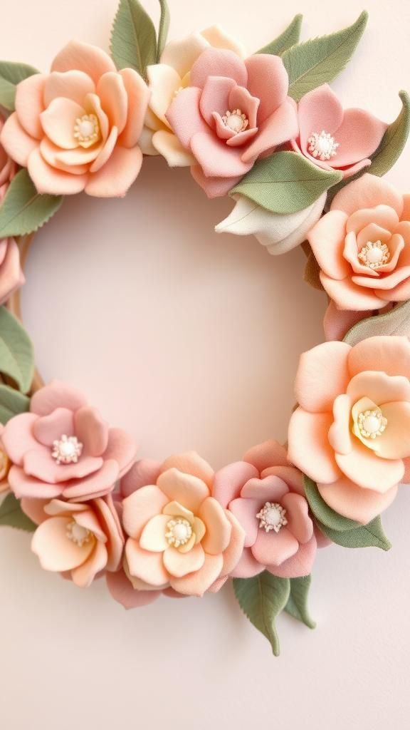 Soft felt flower wreath in pastel tones