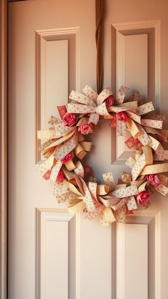 Vintage fabric scrap wreath with faded roses