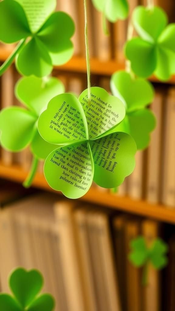 Shamrock garland made from recycled book pages