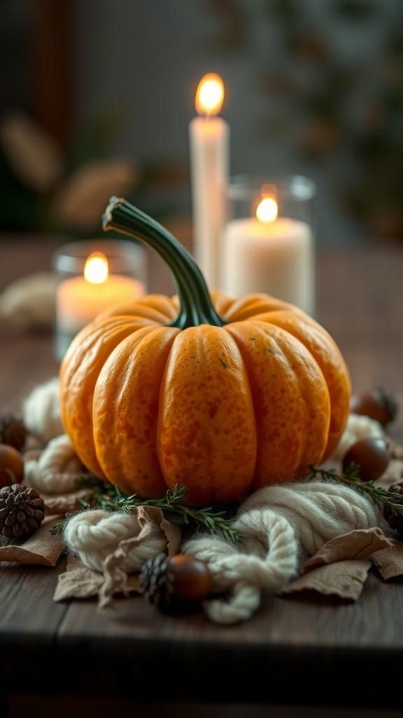 A humble pumpkin centerpiece with layered textures