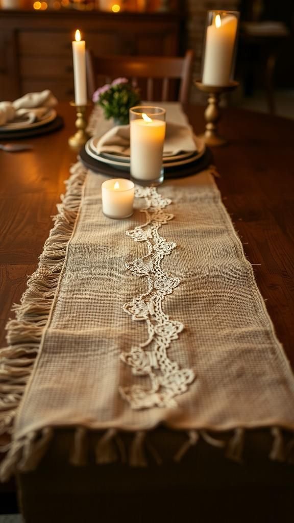 Burlap and lace runner for contrast and warmth