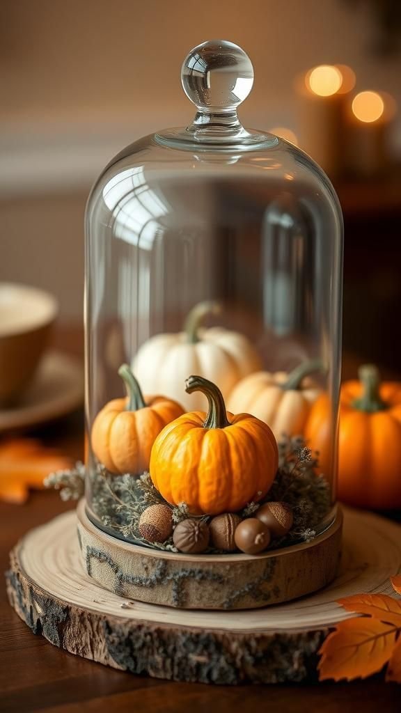Glass cloche centerpiece with a tiny harvest scene