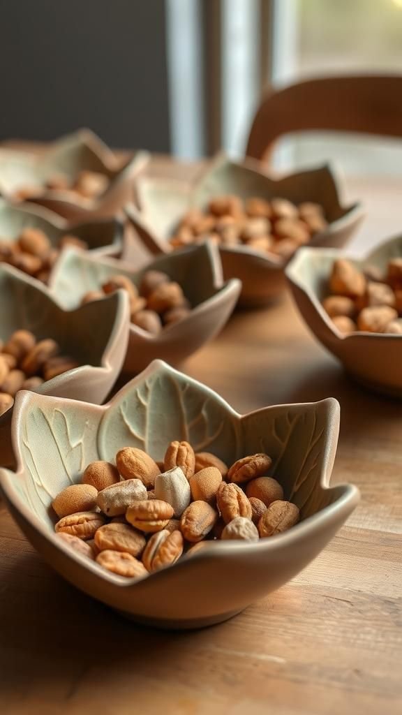 Hand-pressed clay leaf bowls for nibble stations