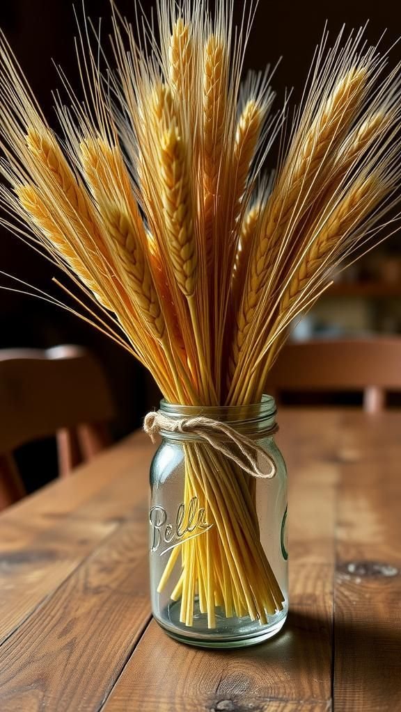 Hand-tied wheat bundle centerpiece with soft sway