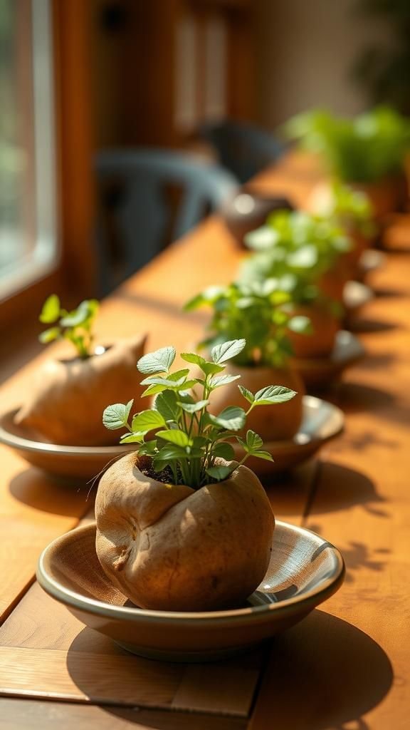 Sweet potato mini planters with live greens