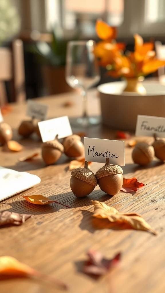 Tiny acorn place card holders with woodland feel