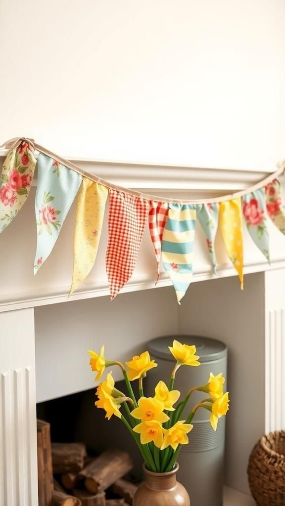 Fabric scrap bunting for a cheerful mantel
