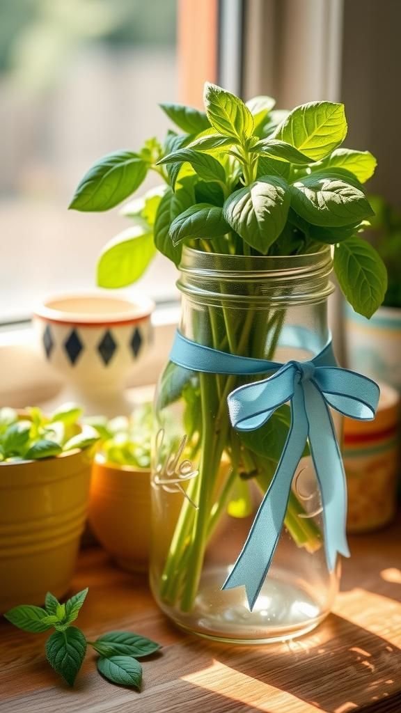 Mason jar herb vases with ribbon accents
