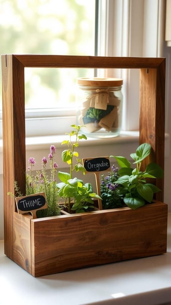Old frame herb garden with chalkboard labels