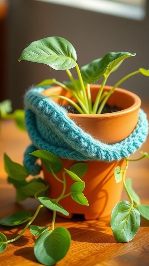 Old sweater cozy planters for spring greens