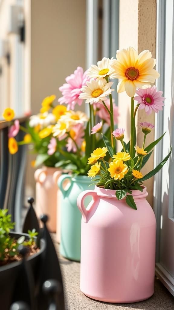 Painted milk jug planters with pastel hues