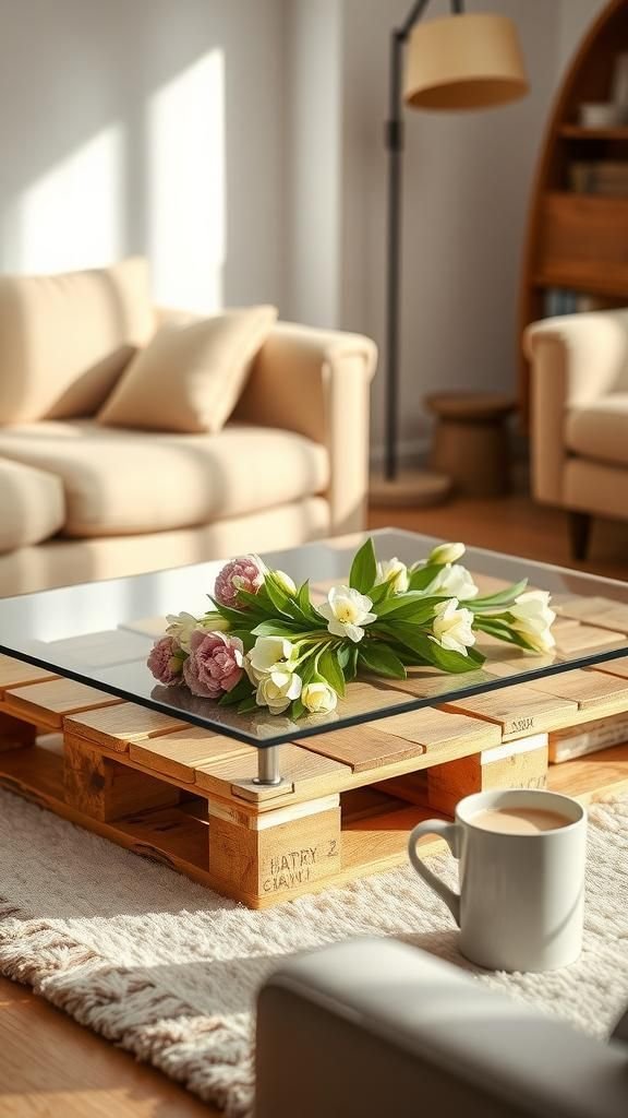 Pallet coffee table with glass top and blossoms