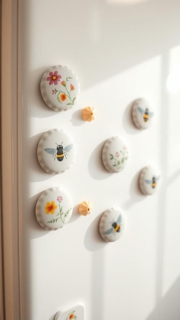 Tin lid magnets with painted garden scenes