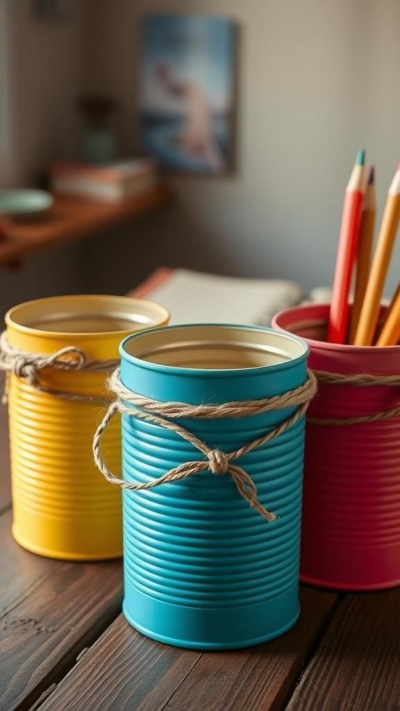 A cheerful desk caddy from painted tin cans