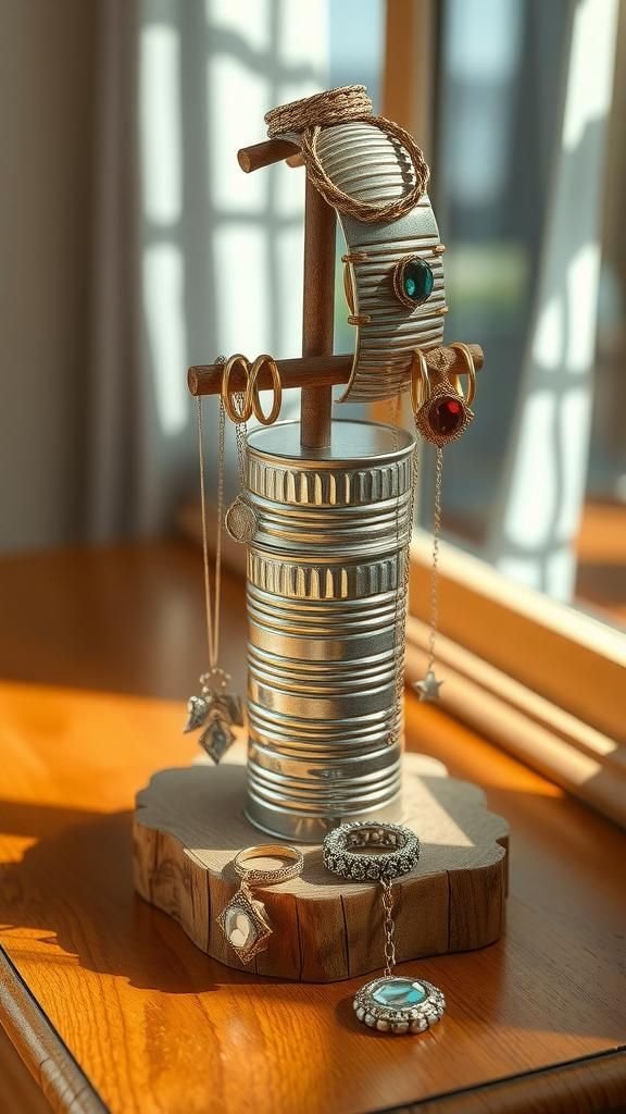 Boho jewelry stand with layered metal tins