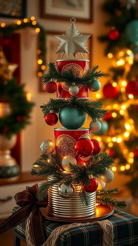 Holiday ornament tower from stacked festive cans