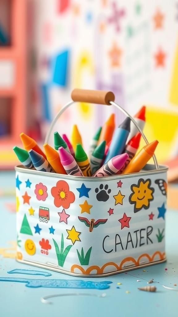 Kids’ art supply caddy with colorful stickers