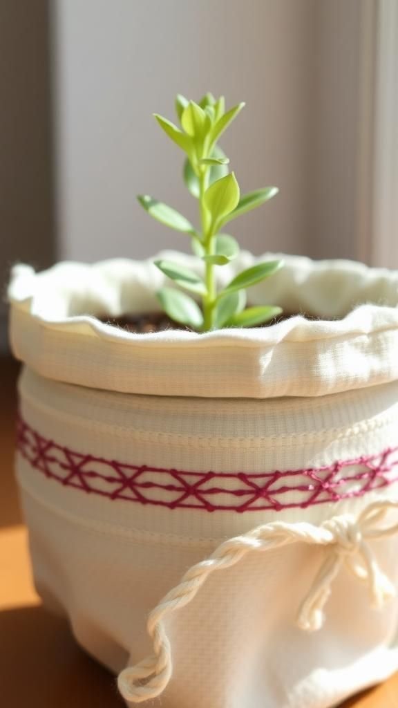 Sewn fabric cozy for a vintage tin planter