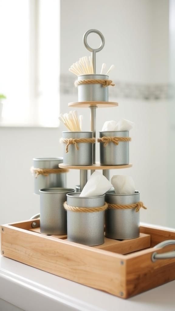 Tiered bathroom organizer with rustic rope accents