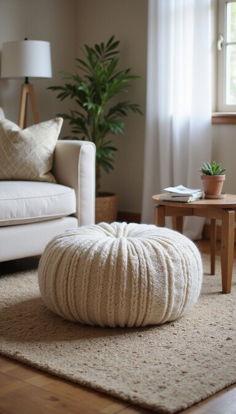 DIY pouf cover from an old sweater