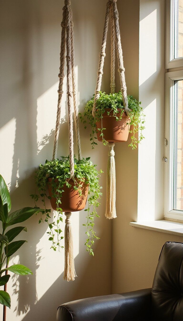 Macramé plant hangers for cozy corners