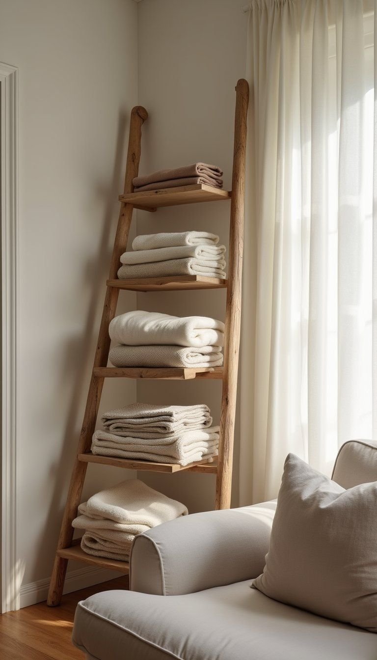 Repurposed ladder as a blanket display