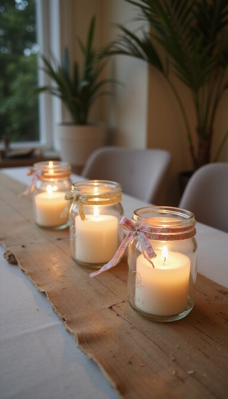 Candle-lit mason jars with pastel ribbons