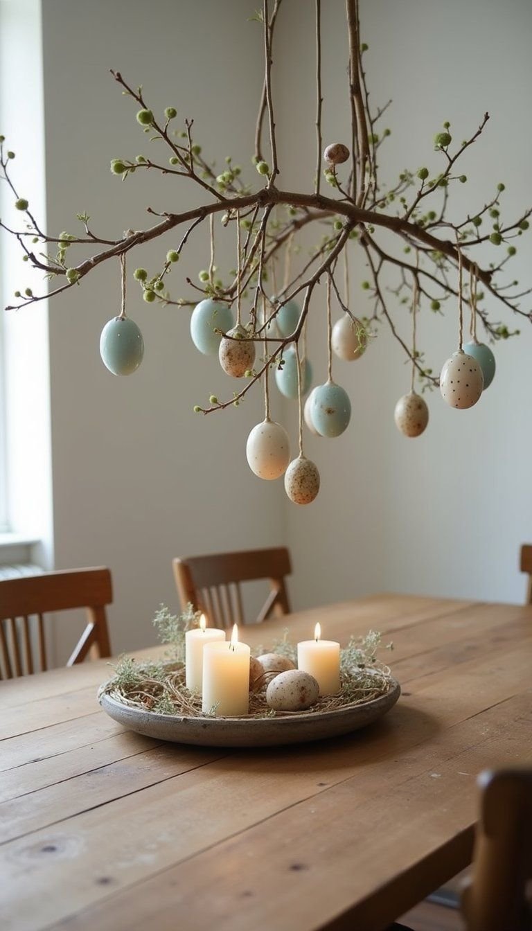 Foraged branch centerpiece with hanging eggs