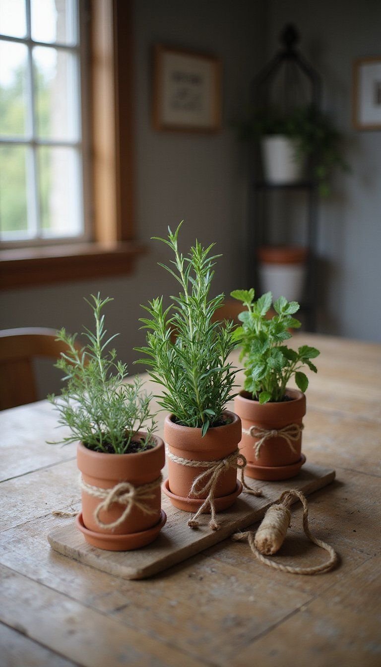Fresh herb pots as edible centerpieces