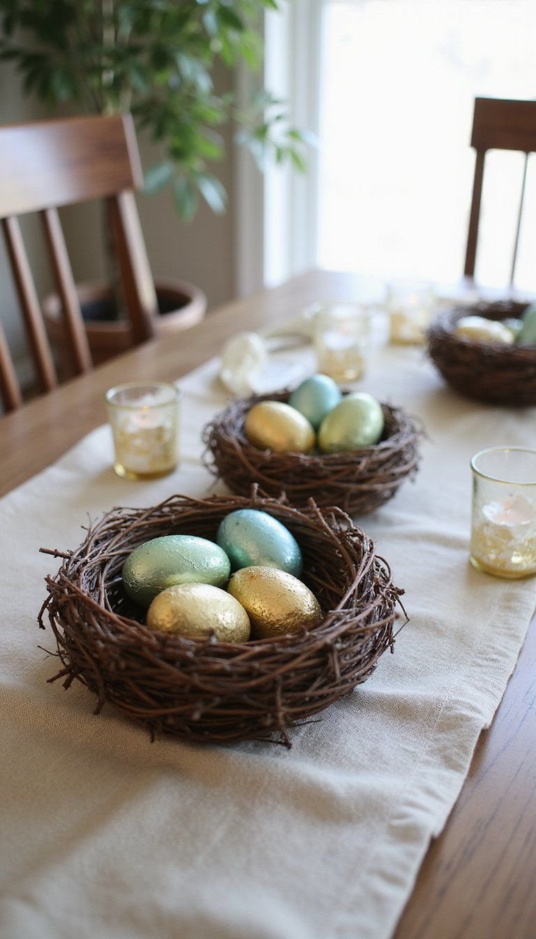 Mini nest centerpieces filled with chocolate eggs