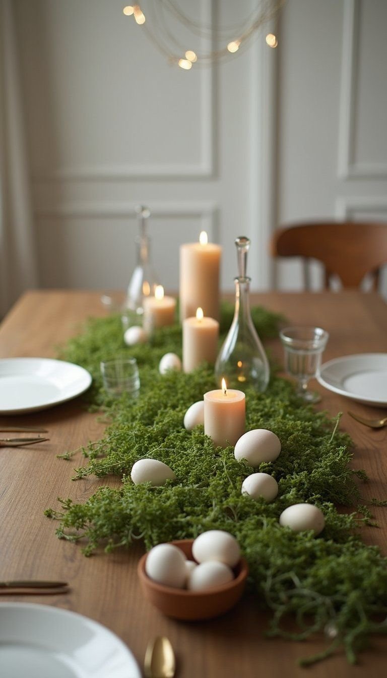 Moss runner with scattered votives and eggs