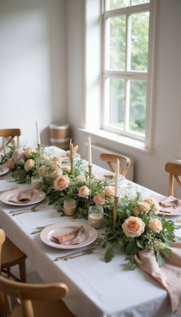 Spring floral runner with mixed blooms and greens