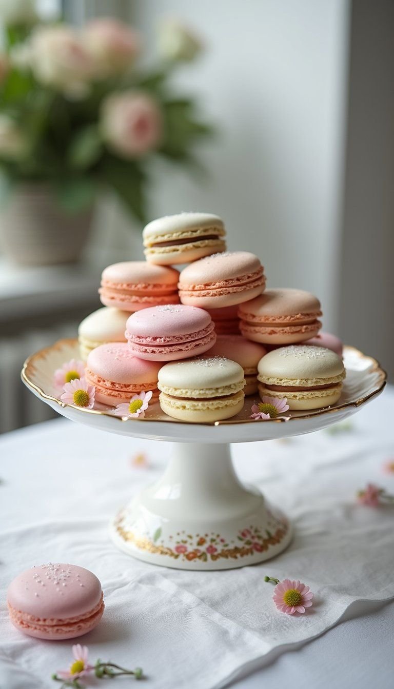Vintage cake stand stacked with pastel treats