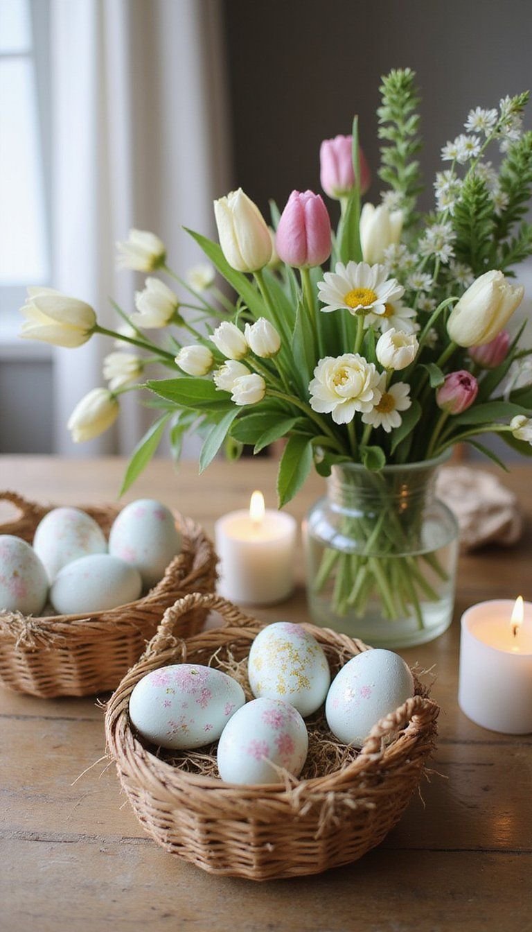 Wicker baskets filled with painted eggs and florals