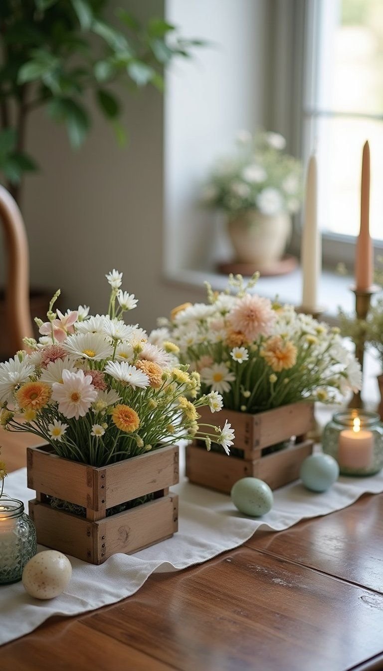 Wooden crates layered with baskets and blooms