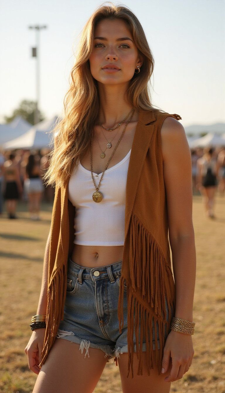 Fringe Vest with High-Waist Shorts